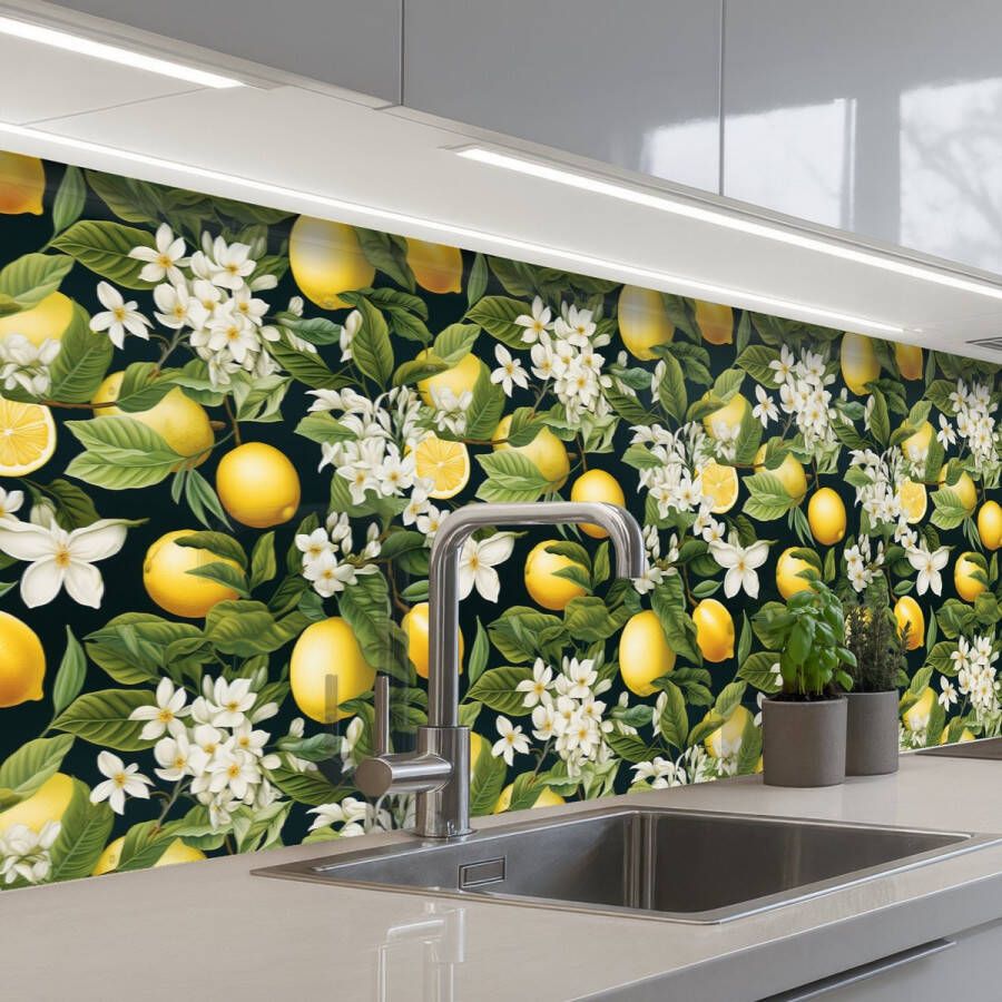 KitchenYeah Keuken achterwand 500x80 cm Spatscherm zelfklevend Hangende Citroenen Witte Bloemetjes Muurbeschermer Spatwand fornuis