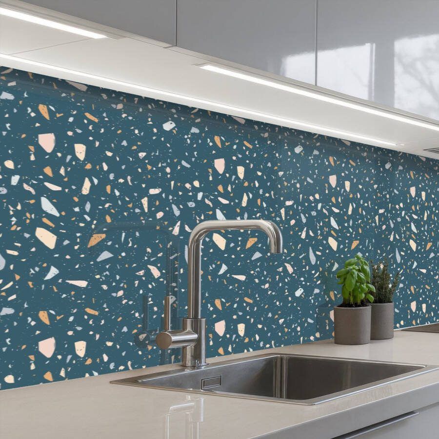 KitchenYeah Keuken achterwand 500x80 cm Spatscherm zelfklevend Terrazzo Patroon Kleurrijk Diep blauw Muurbeschermer Spatwand fornuis