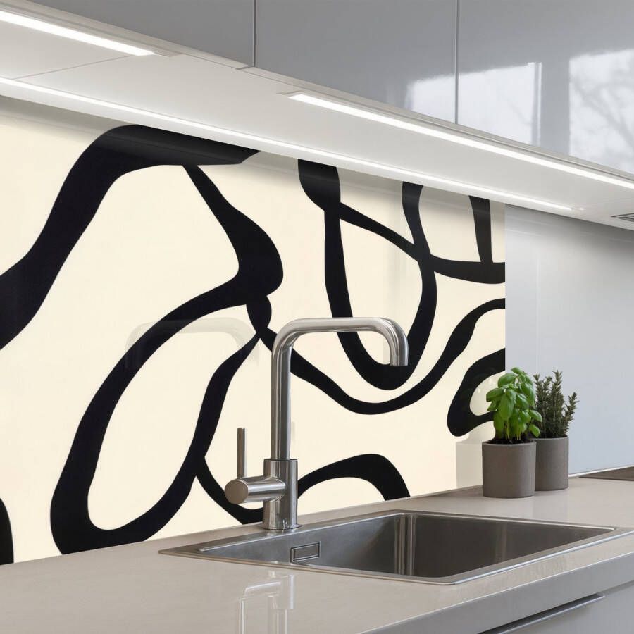KitchenYeah Keuken achterwand 80x60 cm Spatscherm zelfklevend Abstract Lijnen Modern Beige Muurbeschermer Spatwand fornuis