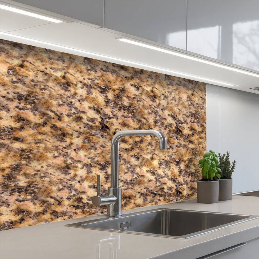 KitchenYeah Keuken achterwand 80x60 cm Spatscherm zelfklevend Bruin Roze Graniet print Muurbeschermer Spatwand fornuis