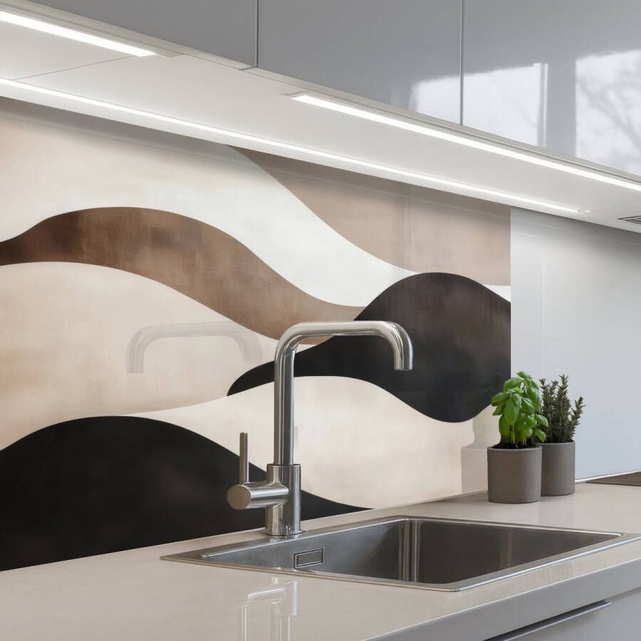 KitchenYeah Keuken achterwand 80x60 cm Spatscherm zelfklevend Golven Abstract Beige Muurbeschermer Spatwand fornuis