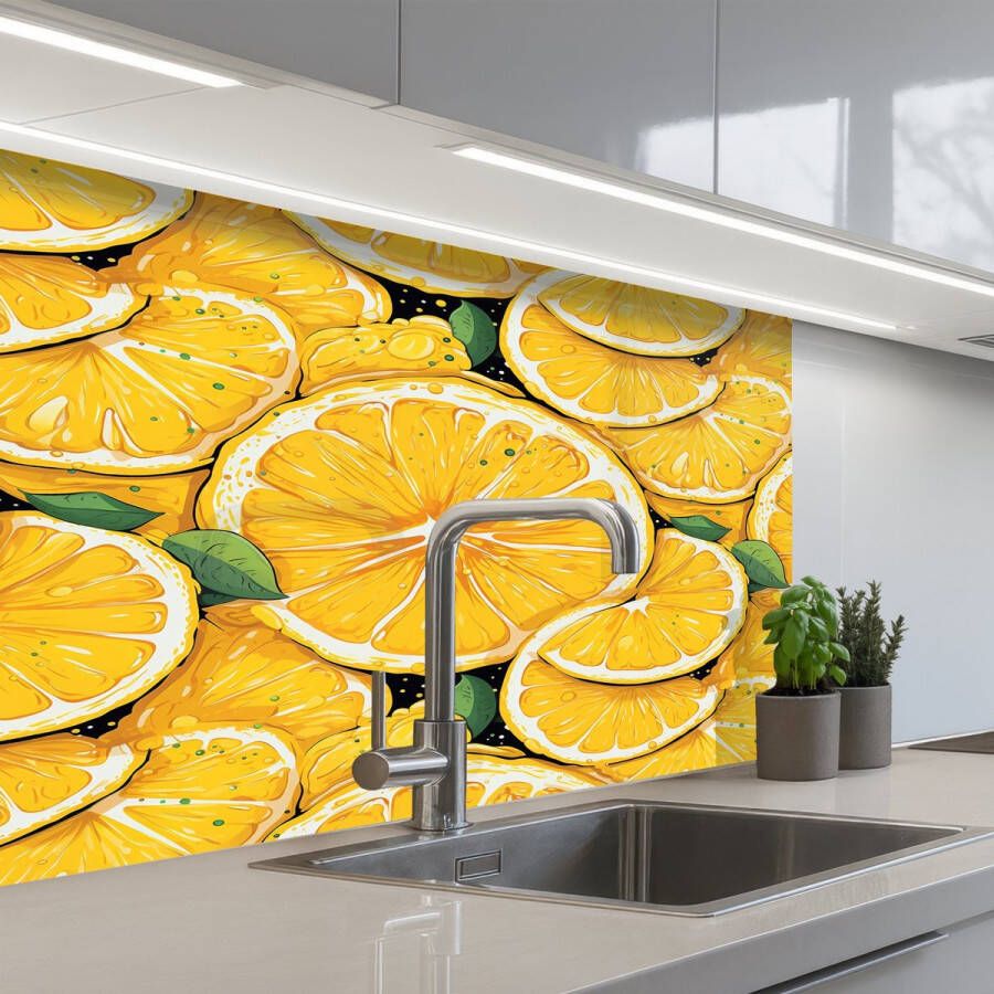KitchenYeah Keuken achterwand 80x60 cm Spatscherm zelfklevend Grafisch Citroenschijven Blaadjes Muurbeschermer Spatwand fornuis