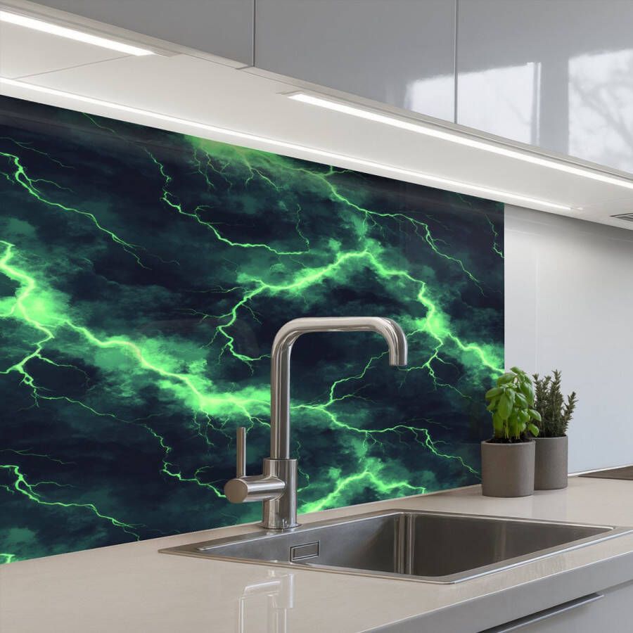 KitchenYeah Keuken achterwand 80x60 cm Spatscherm zelfklevend Groen Bliksem Storm Muurbeschermer Spatwand fornuis