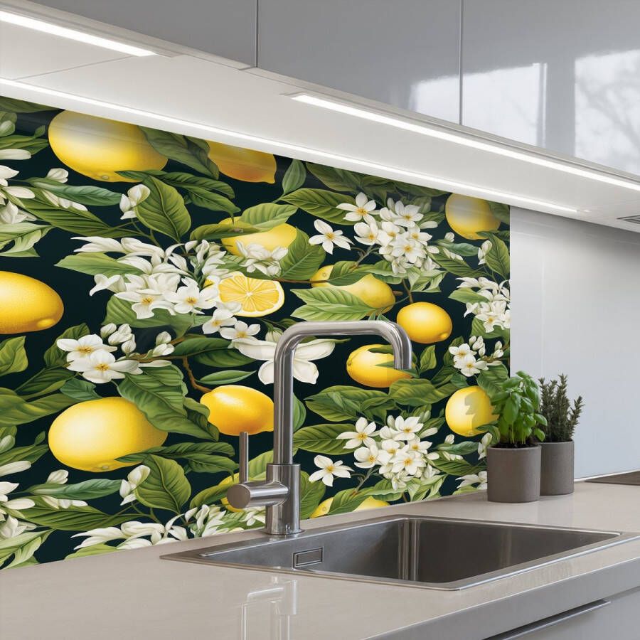 KitchenYeah Keuken achterwand 80x60 cm Spatscherm zelfklevend Hangende Citroenen Witte Bloemetjes Muurbeschermer Spatwand fornuis