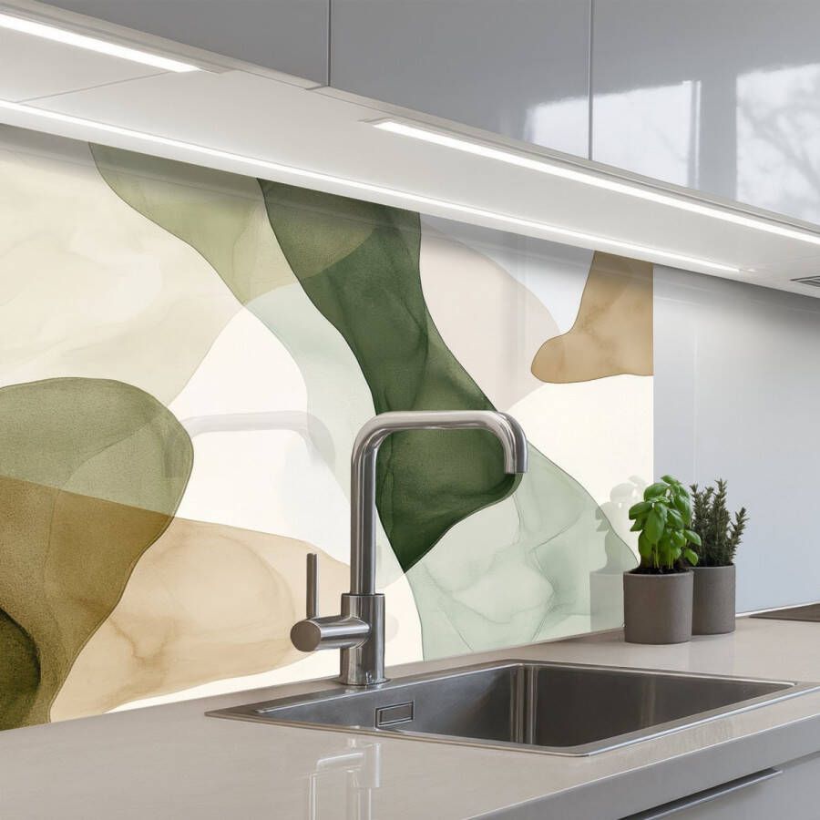 KitchenYeah Keuken achterwand 80x60 cm Spatscherm zelfklevend Japandi Abstract Groen Muurbeschermer Spatwand fornuis