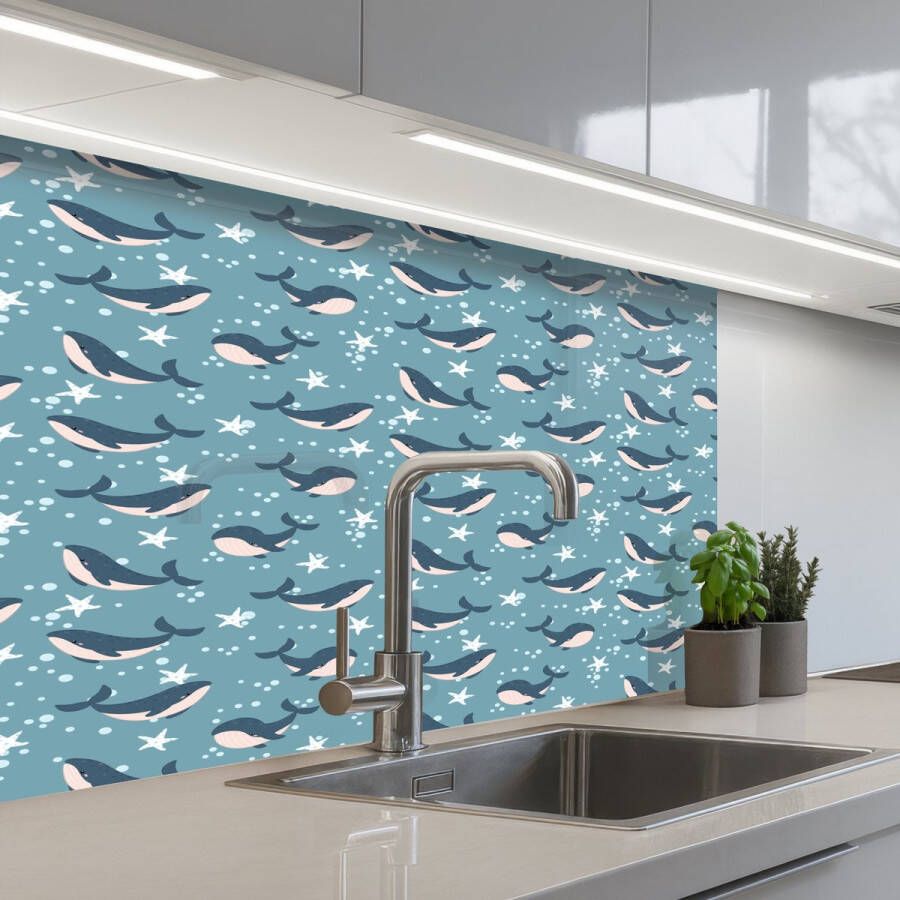 KitchenYeah Keuken achterwand 80x60 cm Spatscherm zelfklevend Klein Oceaan Walvis Zeester Muurbeschermer Spatwand fornuis