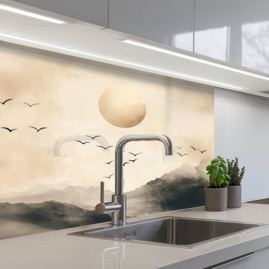KitchenYeah Keuken achterwand 80x60 cm Spatscherm zelfklevend Landschap Japandi vogel Muurbeschermer Spatwand fornuis