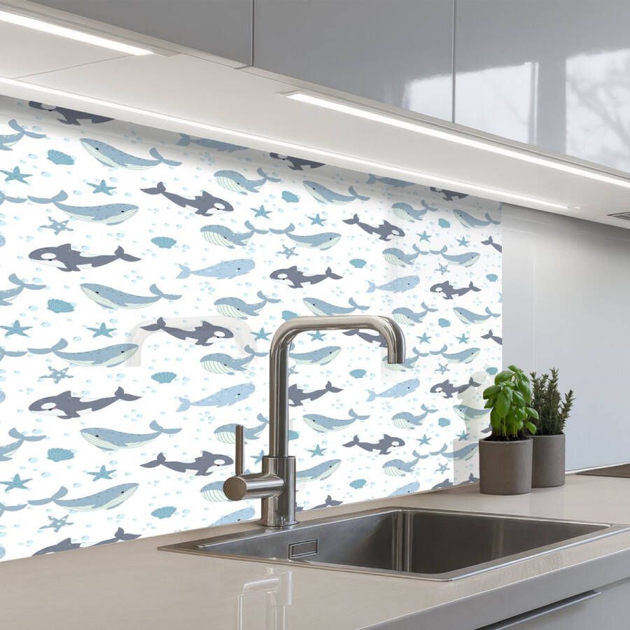 KitchenYeah Keuken achterwand 80x60 cm Spatscherm zelfklevend Oceaan Walvis Orka Blauw Muurbeschermer Spatwand fornuis