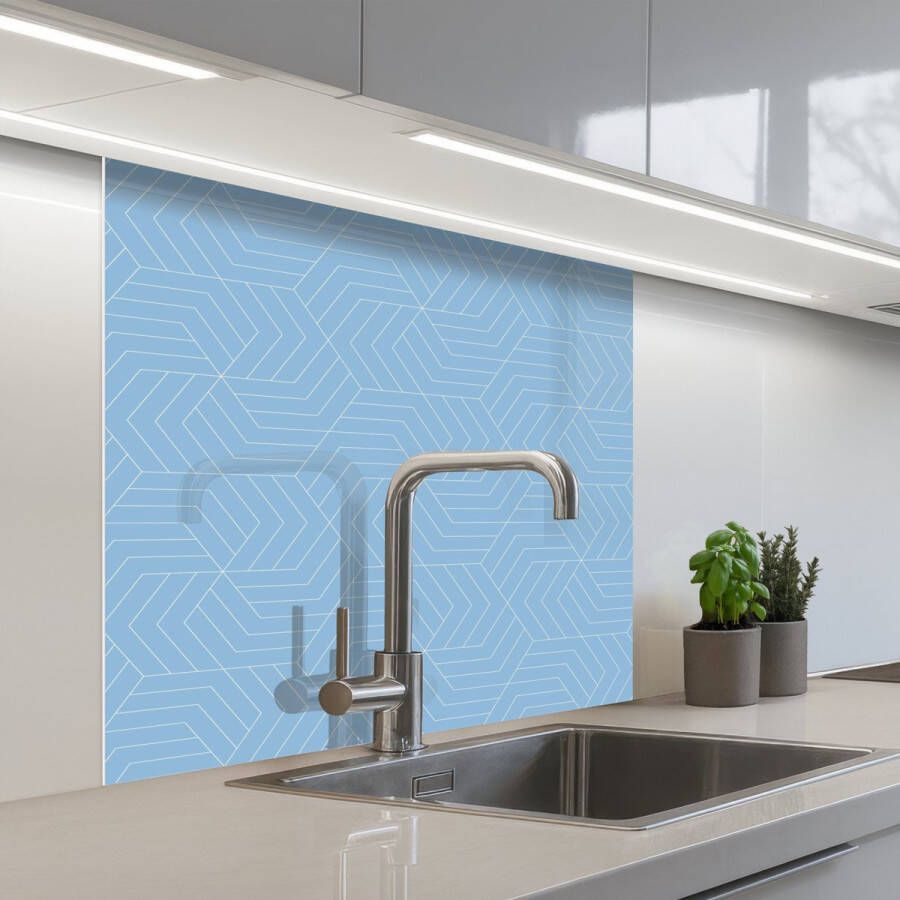 KitchenYeah Keuken achterwand 80x80 cm Spatscherm zelfklevend Blauw Wit Lijnen Patroon Muurbeschermer Spatwand fornuis