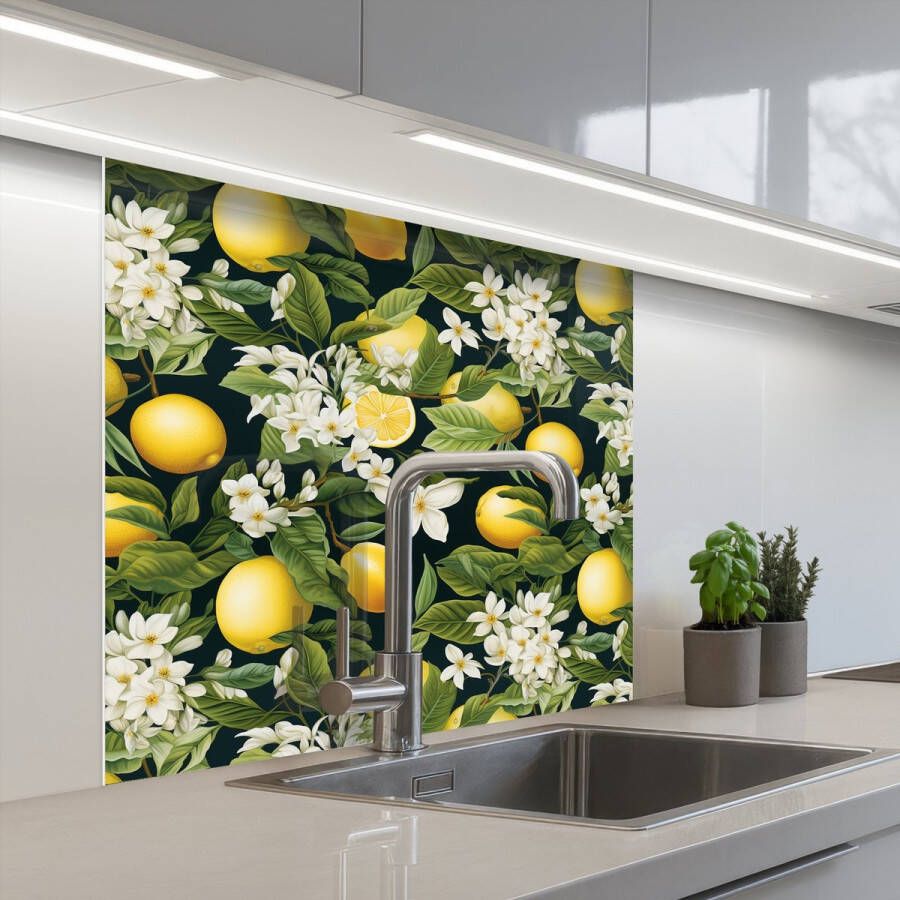 KitchenYeah Keuken achterwand 80x80 cm Spatscherm zelfklevend Hangende Citroenen Witte Bloemetjes Muurbeschermer Spatwand fornuis