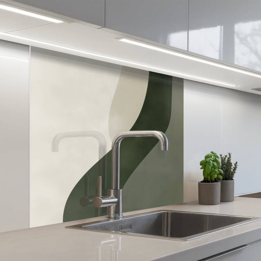 KitchenYeah Keuken achterwand 80x80 cm Spatscherm zelfklevend Japandi Groen Abstract Modern Muurbeschermer Spatwand fornuis