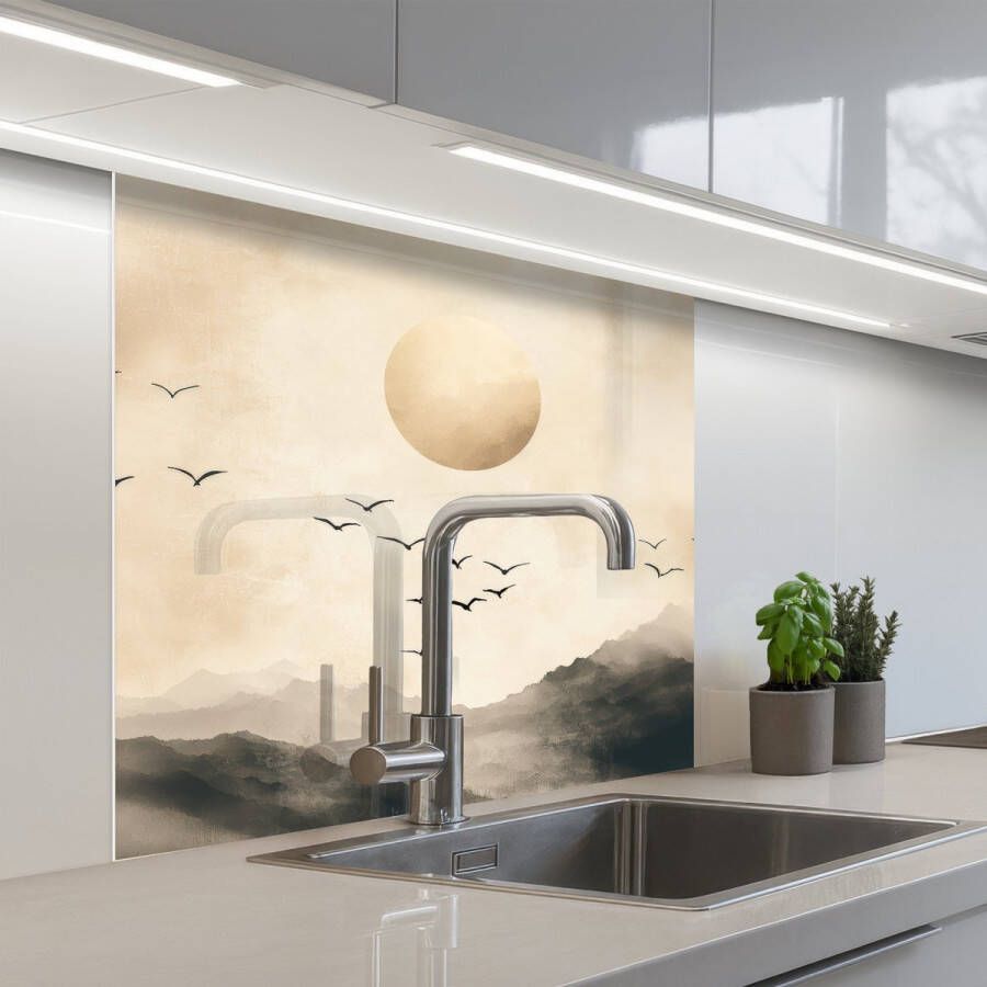 KitchenYeah Keuken achterwand 80x80 cm Spatscherm zelfklevend Landschap Japandi vogel Muurbeschermer Spatwand fornuis