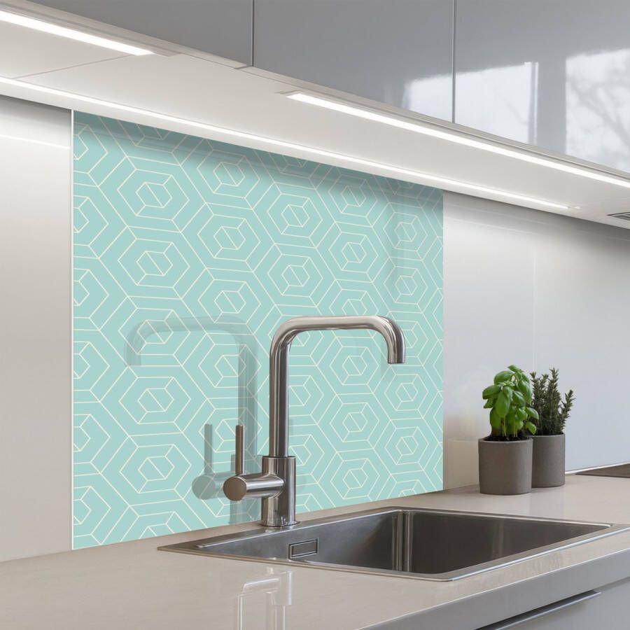 KitchenYeah Keuken achterwand 80x80 cm Spatscherm zelfklevend Turquoise Patroon Lijnen Muurbeschermer Spatwand fornuis