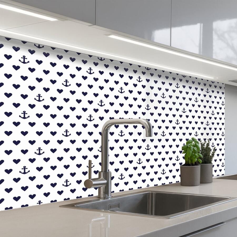 KitchenYeah Keuken achterwand 100x60 cm Spatscherm zelfklevend Anker Hart Blauw Wit Muurbeschermer Spatwand fornuis