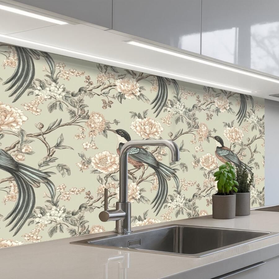 KitchenYeah Keuken achterwand 100x60 cm Spatscherm zelfklevend Bloem Vogel Kleurrijk Muurbeschermer Spatwand fornuis