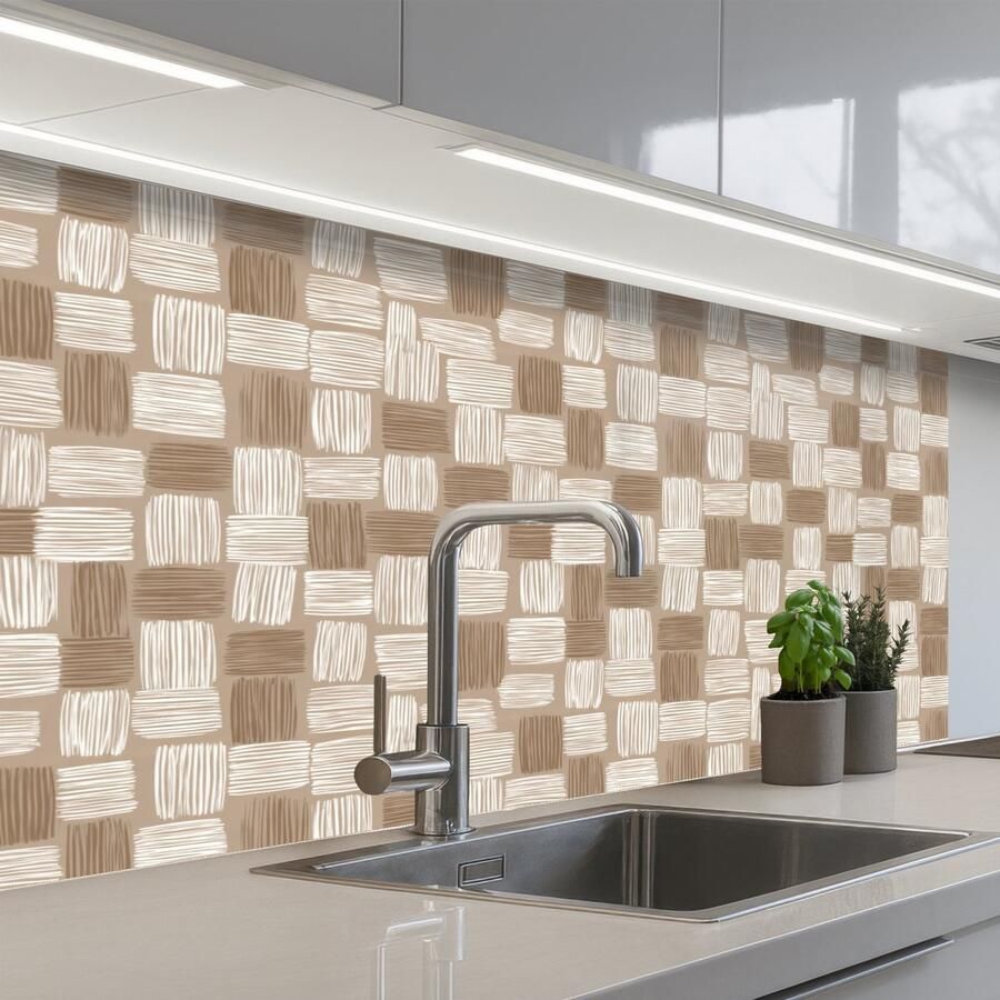 KitchenYeah Keuken achterwand 100x60 cm Spatscherm zelfklevend Blok Patroon Bruin Muurbeschermer Spatwand fornuis