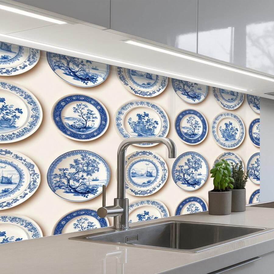 KitchenYeah Keuken achterwand 100x60 cm Spatscherm zelfklevend Borden Bomen Planten Blauw Muurbeschermer Spatwand fornuis