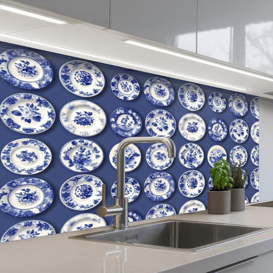 KitchenYeah Keuken achterwand 100x60 cm Spatscherm zelfklevend Borden Floraal Blauw Muurbeschermer Spatwand fornuis