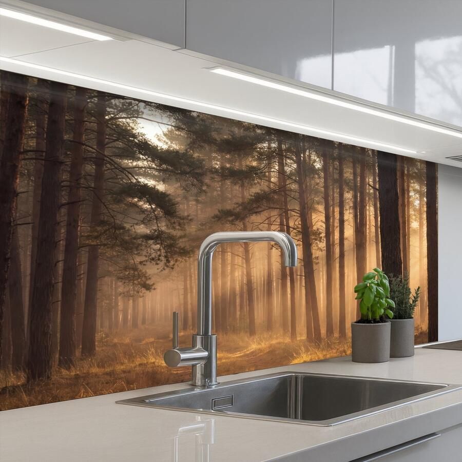 KitchenYeah Keuken achterwand 100x60 cm Spatscherm zelfklevend Bos Mist Zonlicht Muurbeschermer Spatwand fornuis
