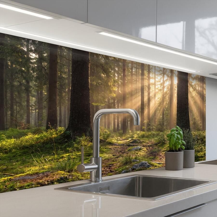 KitchenYeah Keuken achterwand 100x60 cm Spatscherm zelfklevend Bos Zonlicht Gras Muurbeschermer Spatwand fornuis