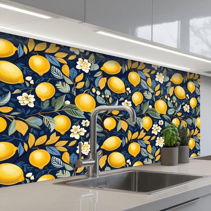 KitchenYeah Keuken achterwand 100x60 cm Spatscherm zelfklevend Citroenen Bloemen Bladeren Blauw Muurbeschermer Spatwand fornuis