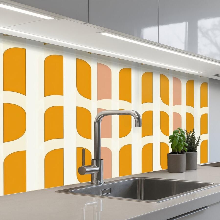 KitchenYeah Keuken achterwand 100x60 cm Spatscherm zelfklevend Geometrisch Patroon Geel Roze Muurbeschermer Spatwand fornuis