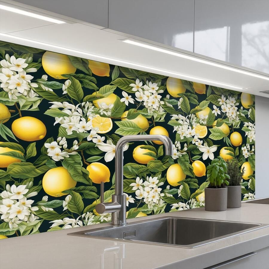 KitchenYeah Keuken achterwand 100x60 cm Spatscherm zelfklevend Hangende Citroenen Witte Bloemetjes Muurbeschermer Spatwand fornuis