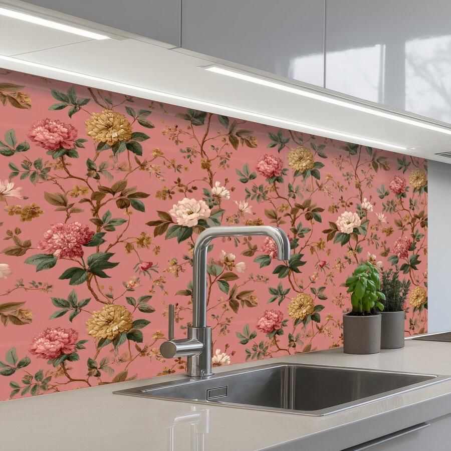 KitchenYeah Keuken achterwand 100x60 cm Spatscherm zelfklevend Klassiek Botanisch Roze Muurbeschermer Spatwand fornuis