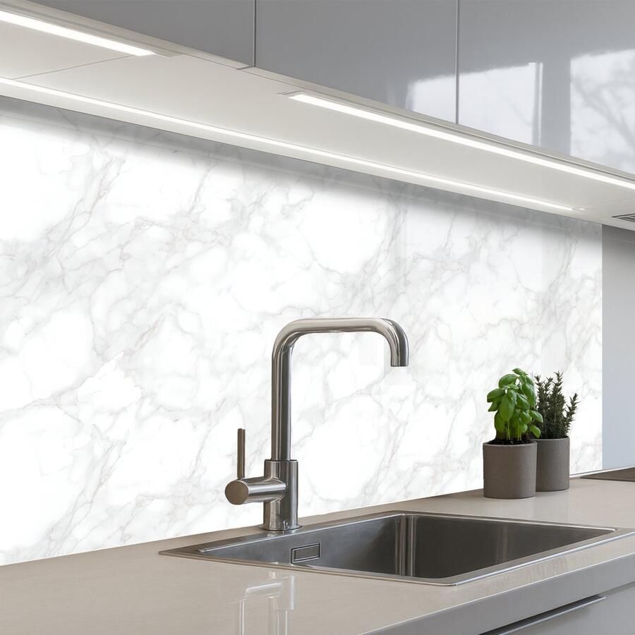 KitchenYeah Keuken achterwand 100x60 cm Spatscherm zelfklevend Minimalistisch Wit Grijze aders Muurbeschermer Spatwand fornuis