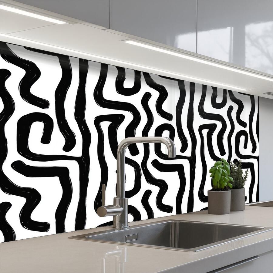 KitchenYeah Keuken achterwand 100x60 cm Spatscherm zelfklevend Modern Lijnen Zwart Muurbeschermer Spatwand fornuis