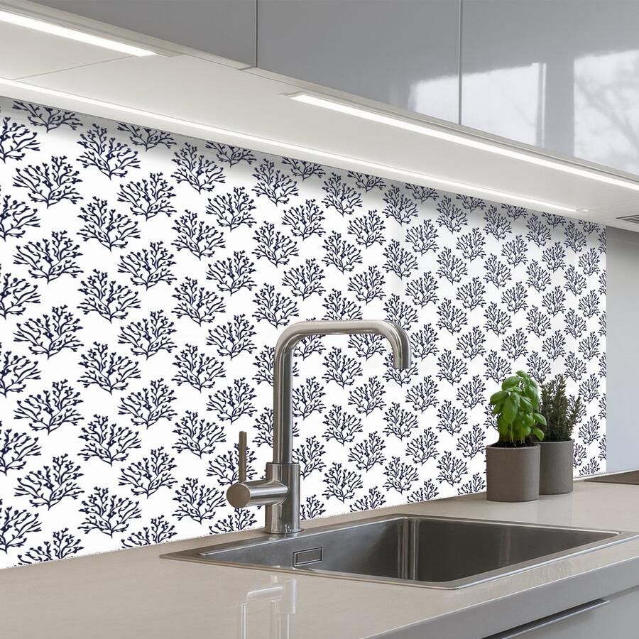 KitchenYeah Keuken achterwand 100x60 cm Spatscherm zelfklevend Oceaan Koraal Blauw Wit Muurbeschermer Spatwand fornuis