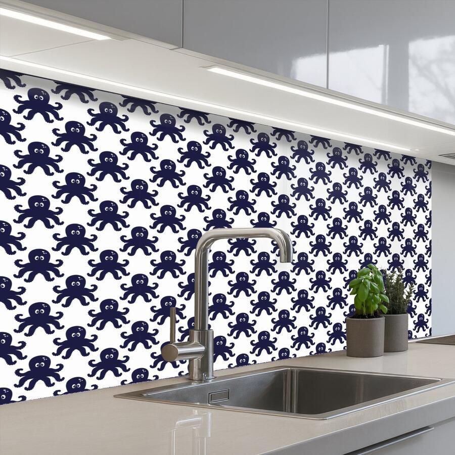 KitchenYeah Keuken achterwand 100x60 cm Spatscherm zelfklevend Oceaan Octo Blauw Wit Muurbeschermer Spatwand fornuis