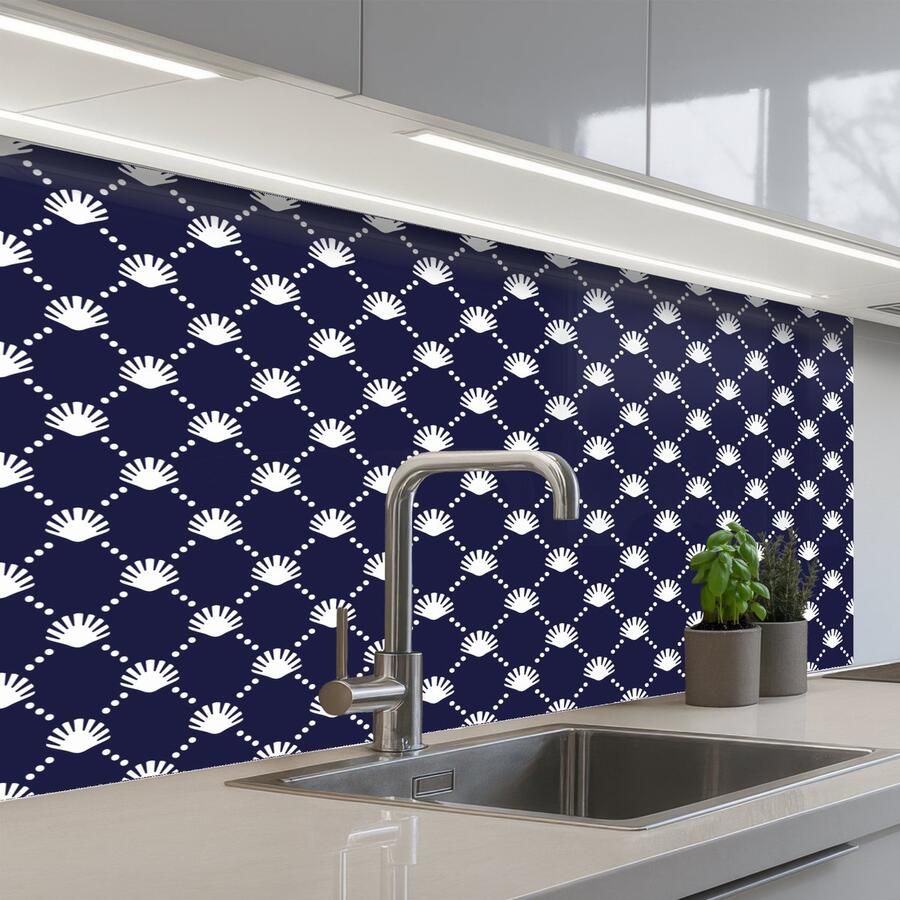 KitchenYeah Keuken achterwand 100x60 cm Spatscherm zelfklevend Oceaan Schelp Blauw Wit Muurbeschermer Spatwand fornuis