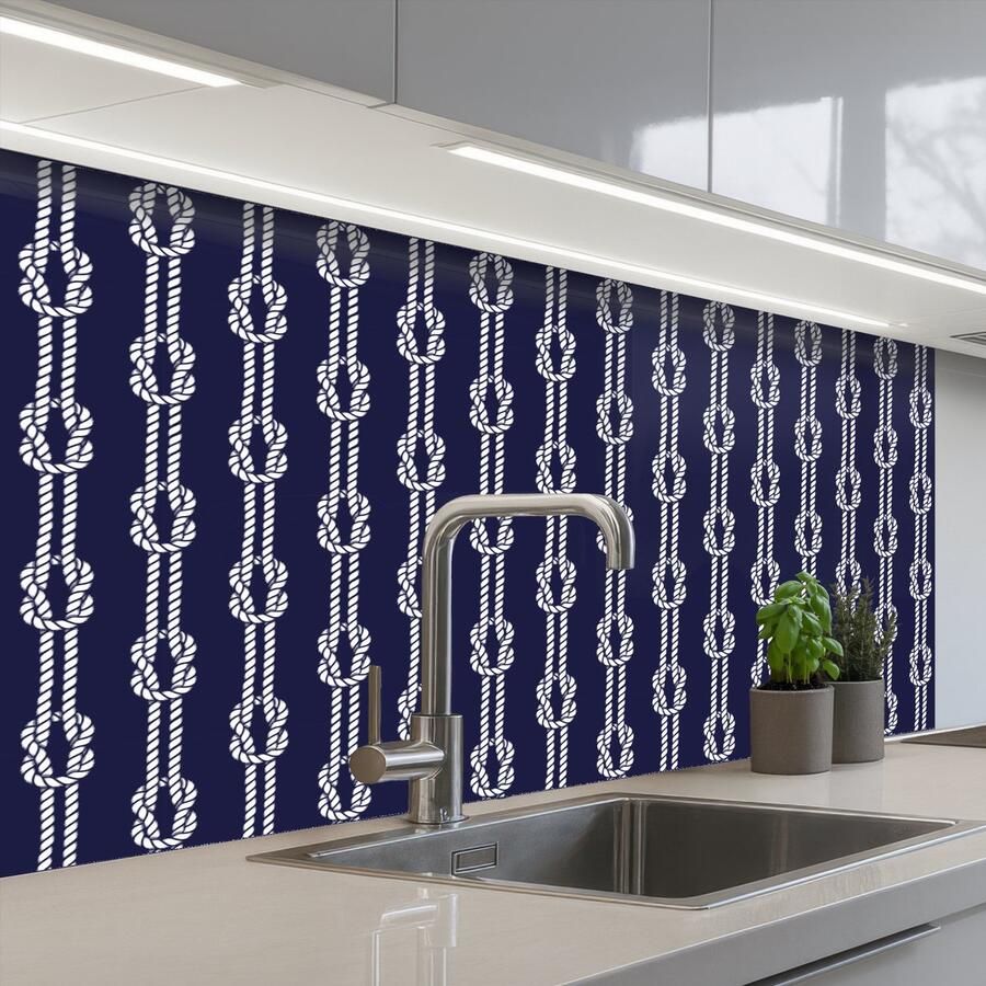 KitchenYeah Keuken achterwand 100x60 cm Spatscherm zelfklevend Oceaan Touw Blauw Wit Muurbeschermer Spatwand fornuis