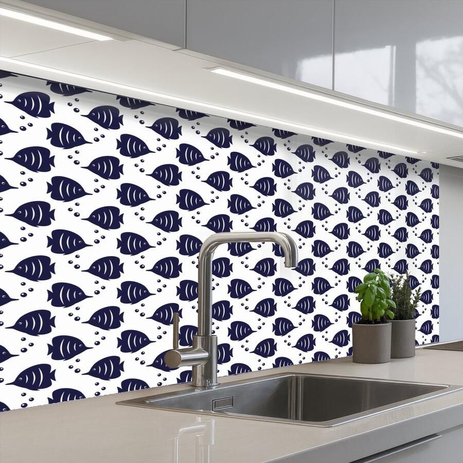 KitchenYeah Keuken achterwand 100x60 cm Spatscherm zelfklevend Oceaan Vis Blauw Wit Muurbeschermer Spatwand fornuis