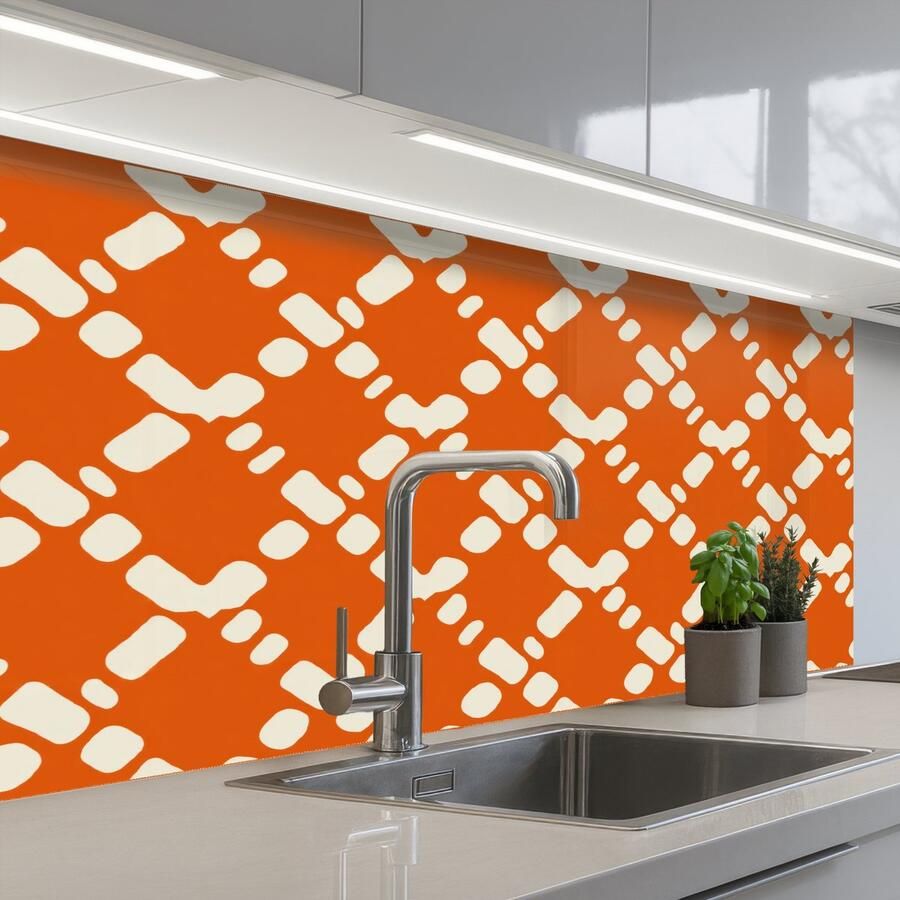 KitchenYeah Keuken achterwand 100x60 cm Spatscherm zelfklevend Oranje Ruitpatroon Wit Muurbeschermer Spatwand fornuis
