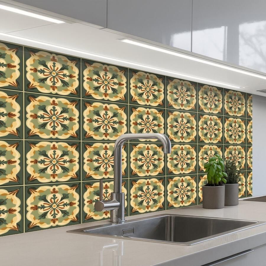 KitchenYeah Keuken achterwand 100x60 cm Spatscherm zelfklevend Ornament Patroon Groen Muurbeschermer Spatwand fornuis