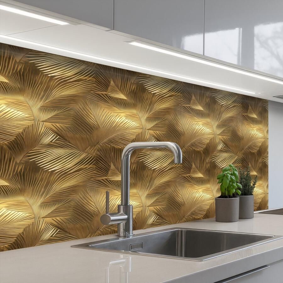 KitchenYeah Keuken achterwand 100x60 cm Spatscherm zelfklevend Palm Waaier Goud Muurbeschermer Spatwand fornuis