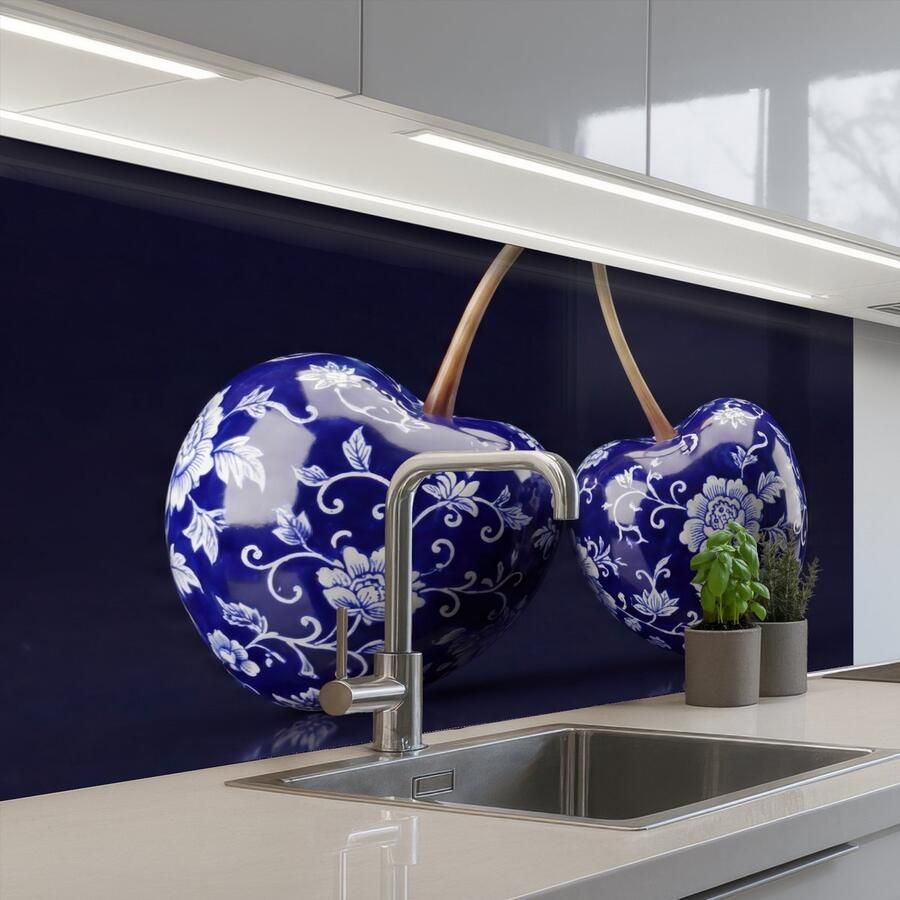 KitchenYeah Keuken achterwand 100x60 cm Spatscherm zelfklevend Porselein- Kersen Delfts Blauw Muurbeschermer Spatwand fornuis