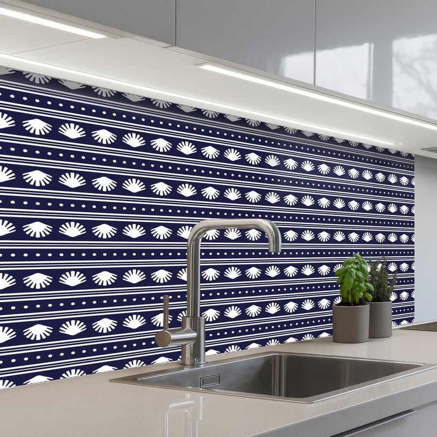 KitchenYeah Keuken achterwand 100x60 cm Spatscherm zelfklevend Schelp Nautisch Blauw Wit Muurbeschermer Spatwand fornuis