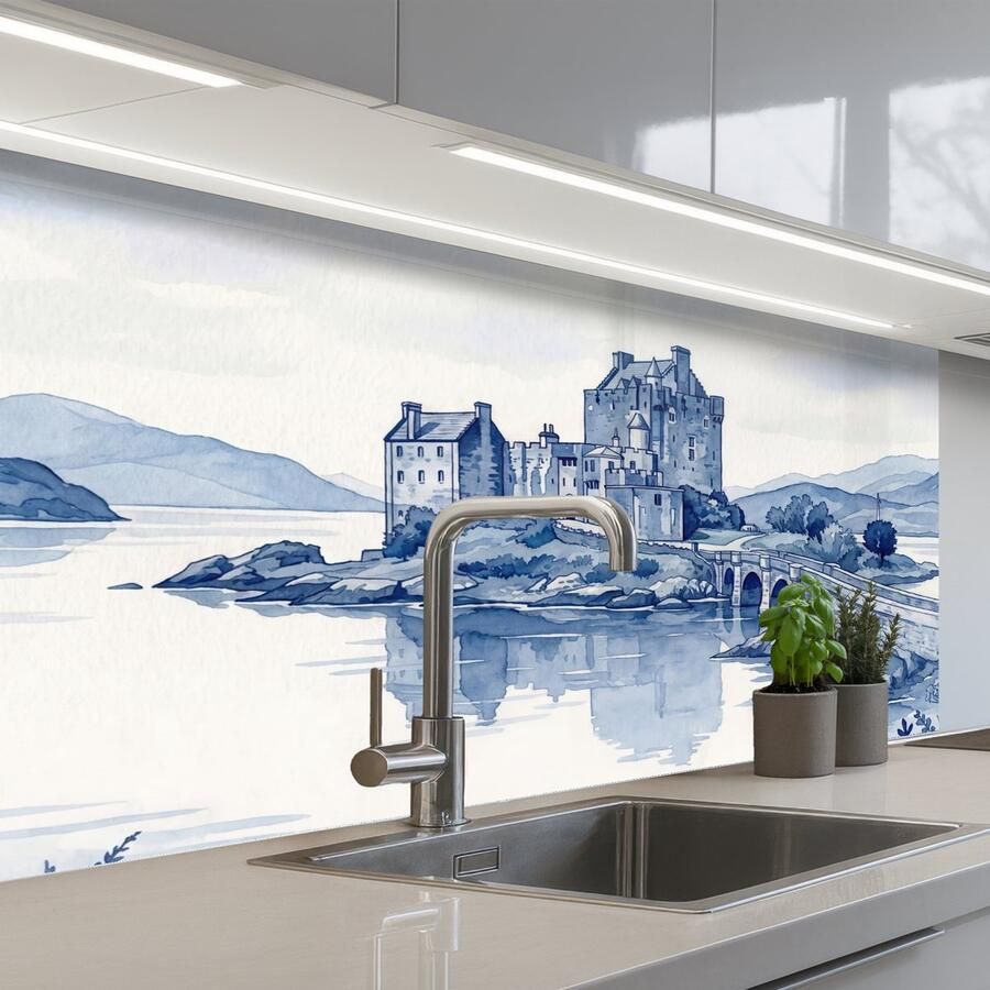KitchenYeah Keuken achterwand 100x60 cm Spatscherm zelfklevend Schots Kasteel Blauw Aquarel Muurbeschermer Spatwand fornuis