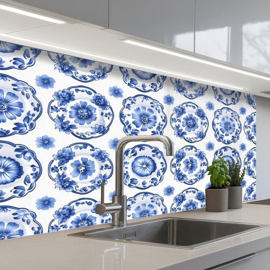 KitchenYeah Keuken achterwand 100x60 cm Spatscherm zelfklevend Sierborden Bloemen Blauw Muurbeschermer Spatwand fornuis