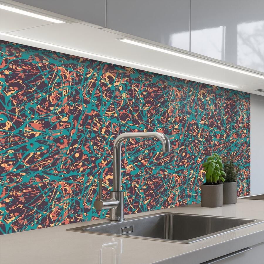 KitchenYeah Keuken achterwand 100x60 cm Spatscherm zelfklevend Spat Abstract Oranje Groen Muurbeschermer Spatwand fornuis