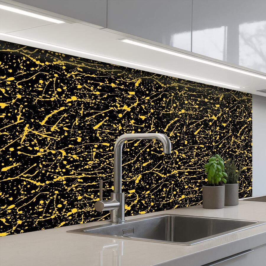 KitchenYeah Keuken achterwand 100x60 cm Spatscherm zelfklevend Spat Waterverf Geel Zwart Muurbeschermer Spatwand fornuis