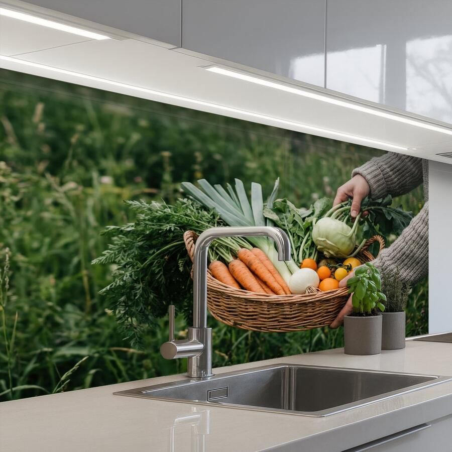 KitchenYeah Keuken achterwand 100x60 cm Spatscherm zelfklevend Veld Groenten Biologisch Oogst Muurbeschermer Spatwand fornuis