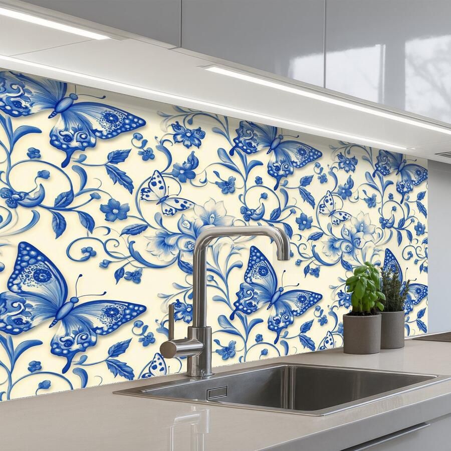 KitchenYeah Keuken achterwand 100x60 cm Spatscherm zelfklevend Vlinders Bloemen Blauw Botanisch Muurbeschermer Spatwand fornuis