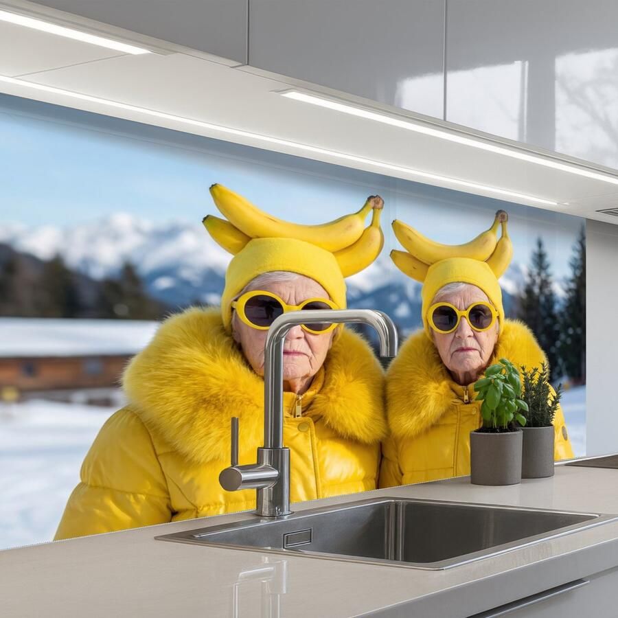 KitchenYeah Keuken achterwand 100x60 cm Spatscherm zelfklevend Vrouwen Bananen Geel Muurbeschermer Spatwand fornuis