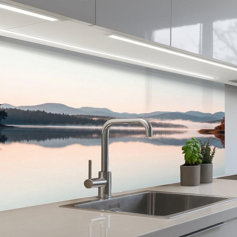 KitchenYeah Keuken achterwand 100x60 cm Spatscherm zelfklevend Water Bomen Mistlaag Muurbeschermer Spatwand fornuis