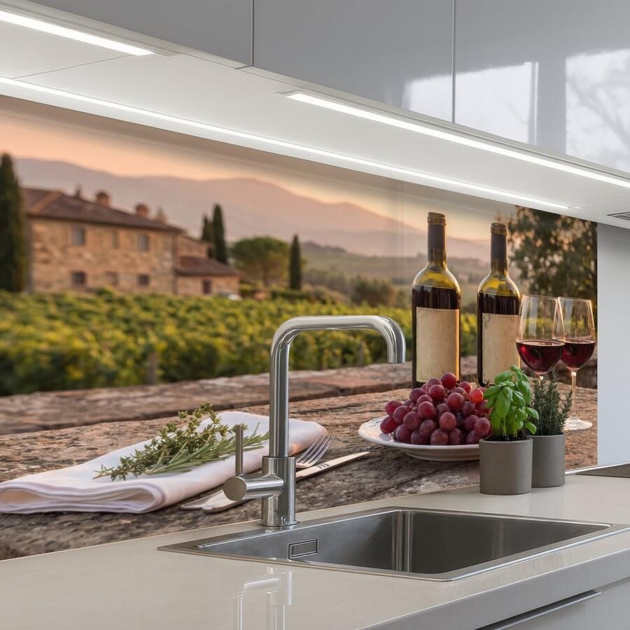KitchenYeah Keuken achterwand 100x60 cm Spatscherm zelfklevend Wijn Glazen Druiven Wijngaard Muurbeschermer Spatwand fornuis