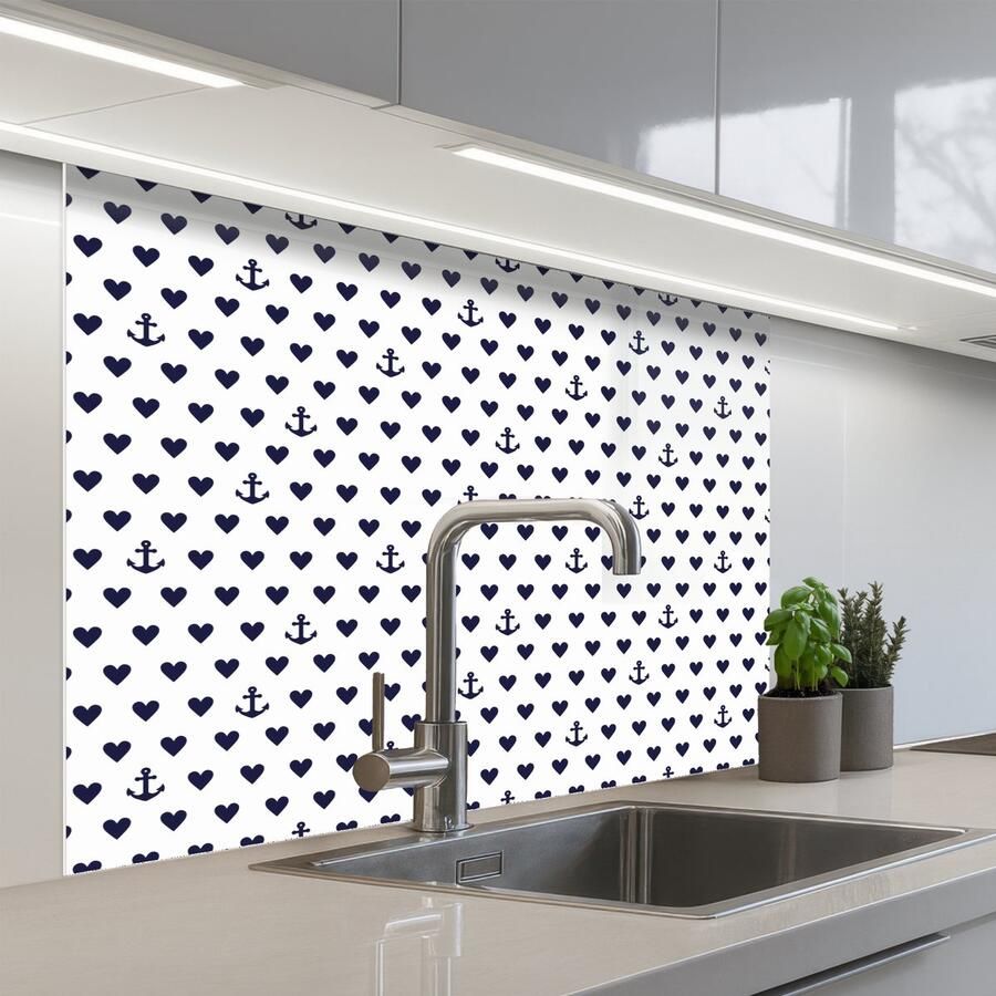 KitchenYeah Keuken achterwand 100x80 cm Spatscherm zelfklevend Anker Hart Blauw Wit Muurbeschermer Spatwand fornuis